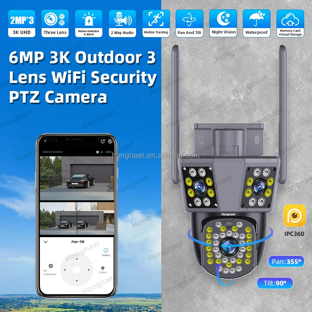 Hongnaer Outdoor 360 3 Screens Surveil Wireless PTZ IP Camera IPC360 Home 6MP 3K Three Lens WiFi CCTV Smart Security Camera