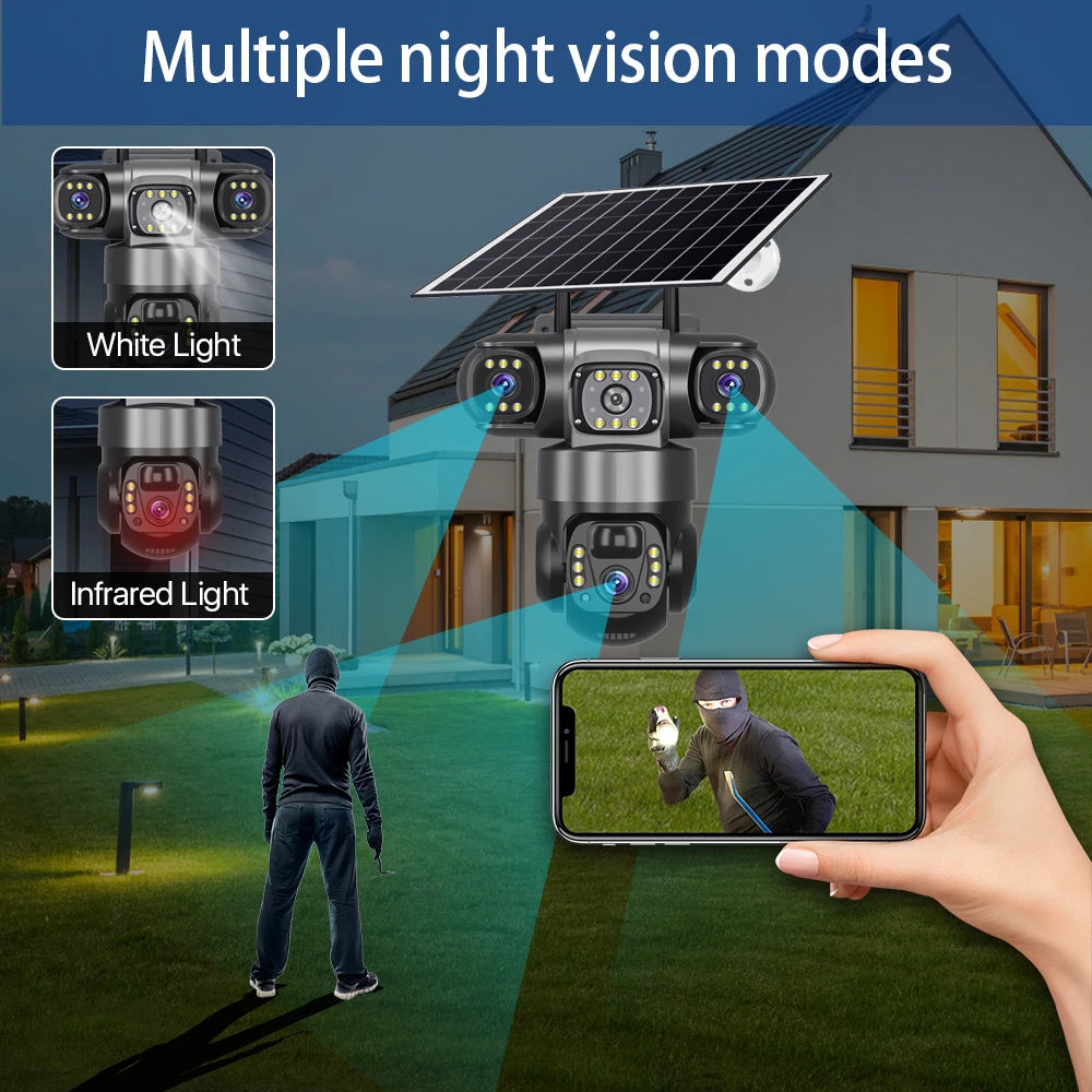 Surveillance Camera PTZ V380 Three Lens Outdoor  360 Wireless Wifi Auto Tracking 12mp 4g Sim Card Solar Security Camera