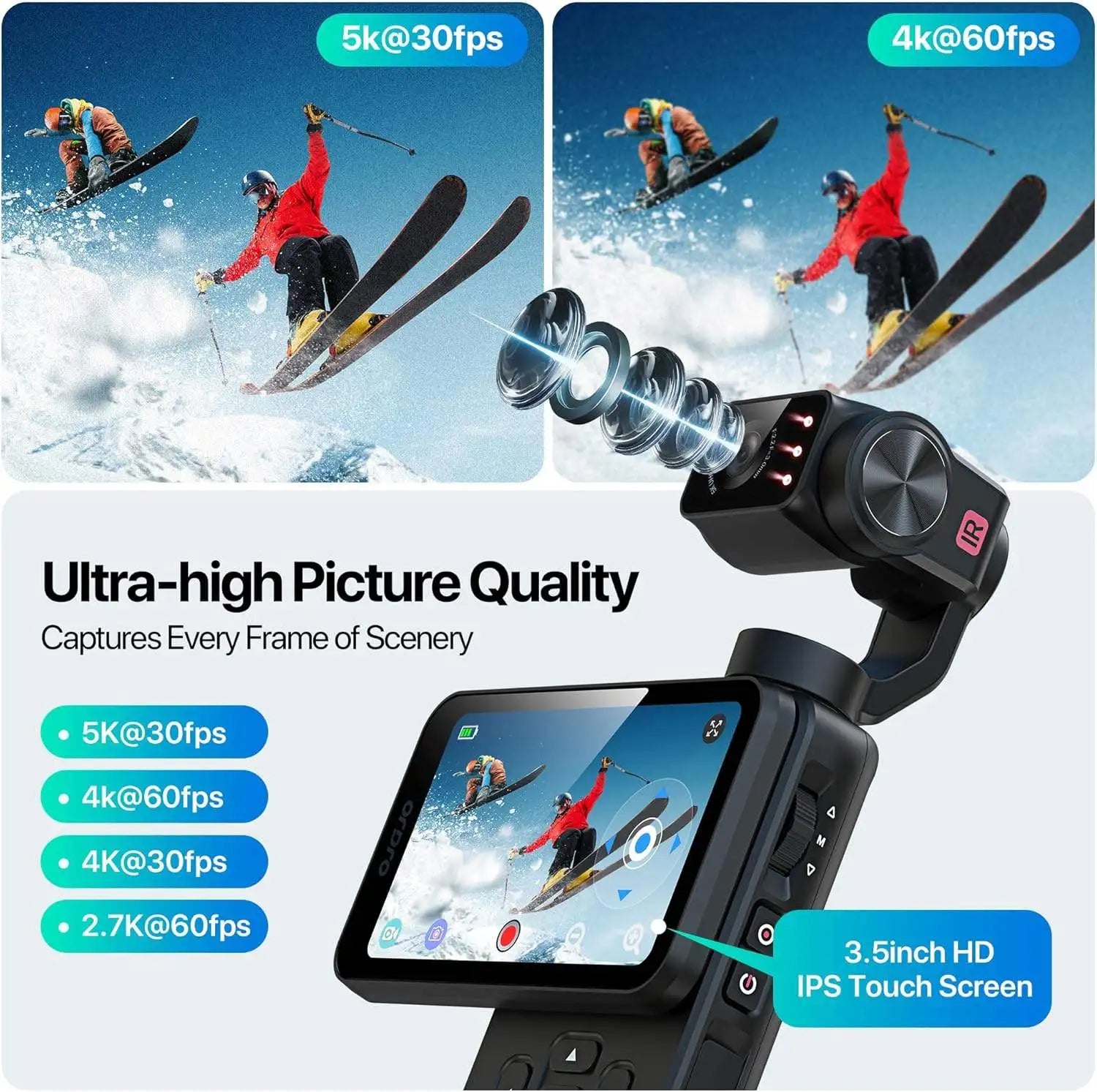 ORDRO M5 5K Vlogging Camera 3-Axis Stabilization 3.5'' Rotatable IPS Touchscreen 48MP 1/2.5'' CMOS 4K/60FPS Video IR