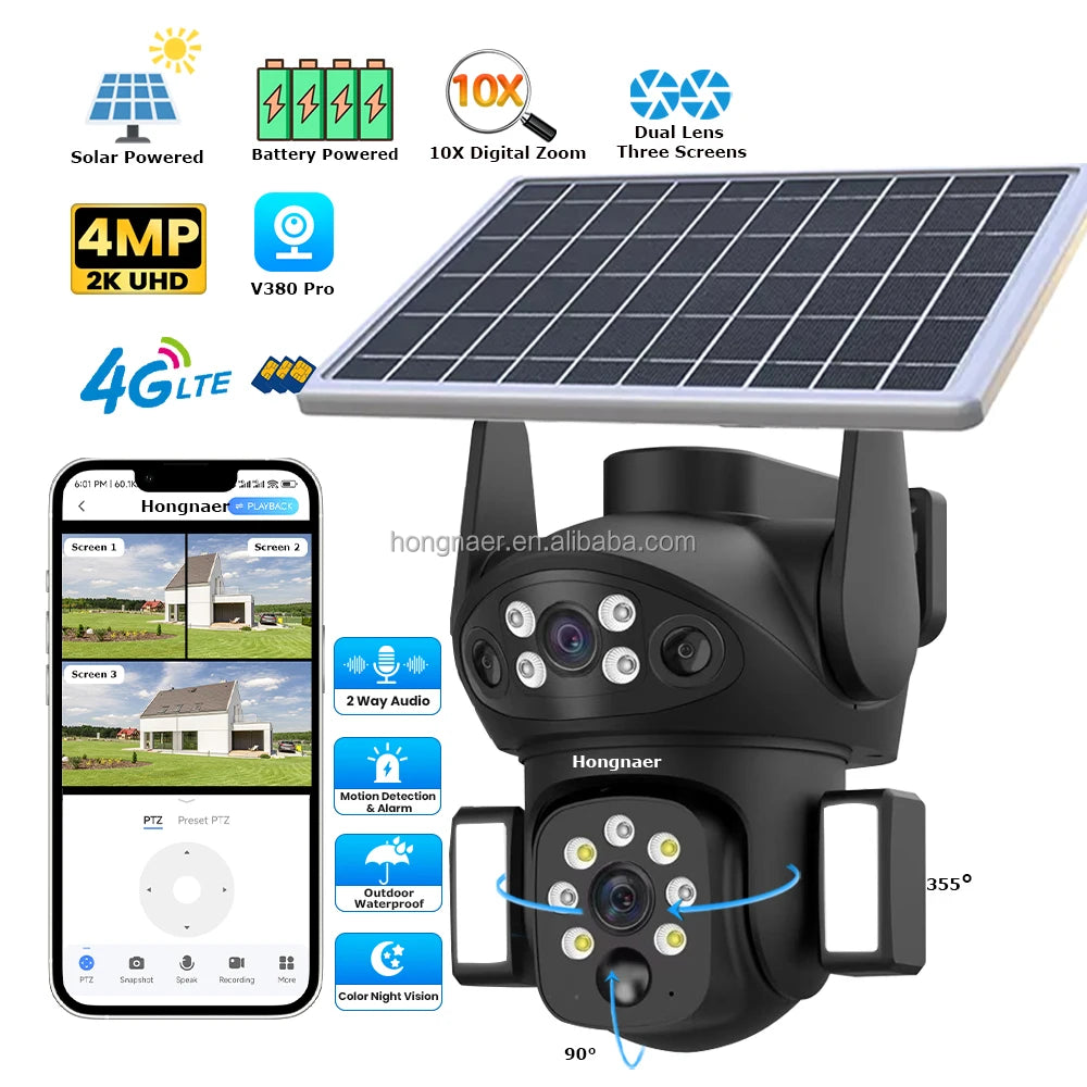 Hongnaer 4MP 4G 3 Video Dual Lens Wireless Solar Energy Powered CCTV Camera Outdoor V380 Pro 4G Sim Card Solar Security Camera