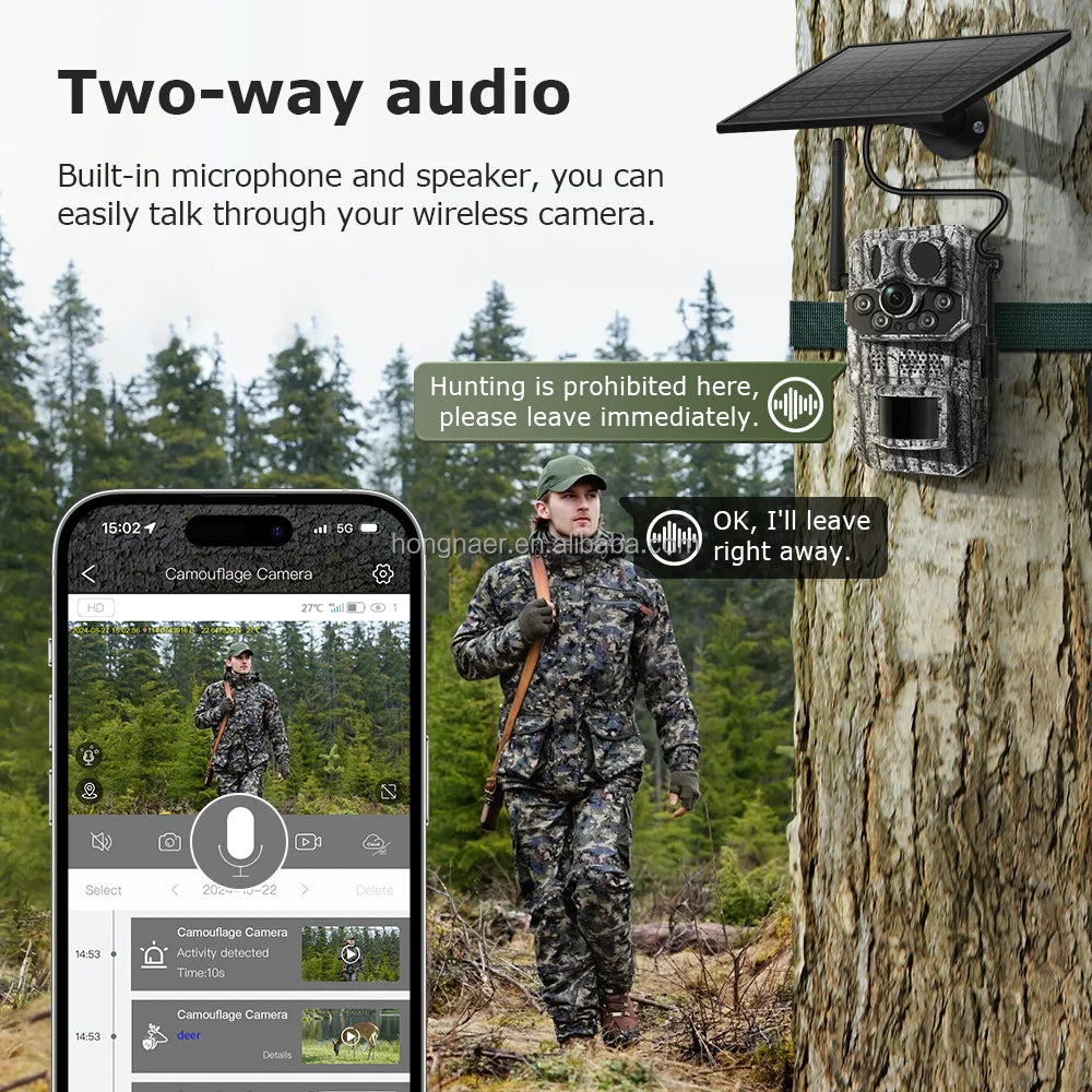Hongnaer 3MP Camouflage Wireless Solar Powered Surveillance Security Camera UCon GPS Trail 4G Sim Card Solar CCTV Hunting Camera