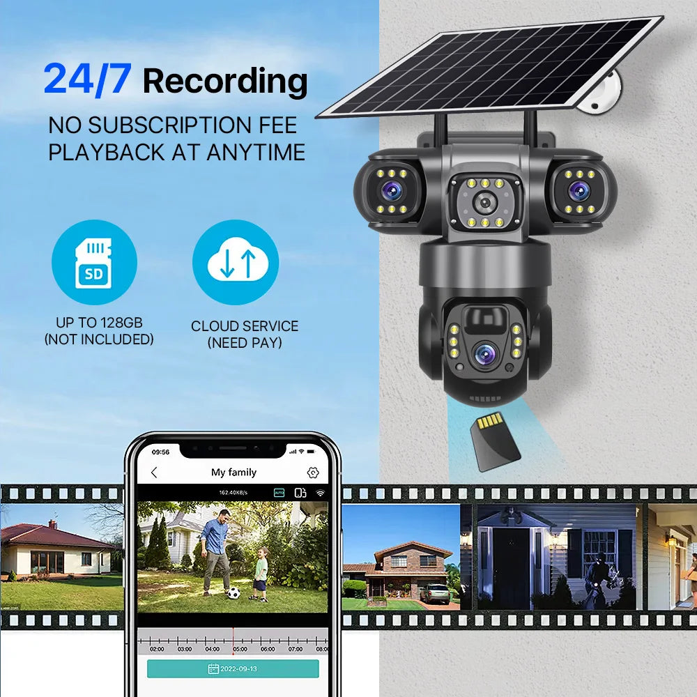 Surveillance Camera PTZ V380 Three Lens Outdoor  360 Wireless Wifi Auto Tracking 12mp 4g Sim Card Solar Security Camera