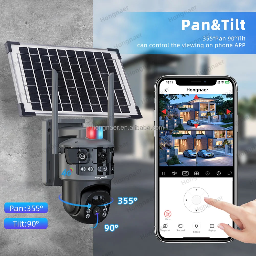 Hongnaer 3 Video 6MP Wireless 4G Solar Powered CCTV PTZ Camera V380 Pro Surveillance Dual Lens 4G Sim Card Solar Security Camera