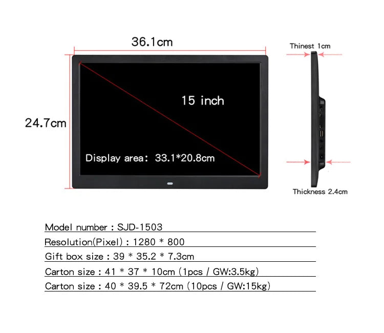 15" HD Digital Photo Frame – Full-View Display with Video, Music & Alarm Clock