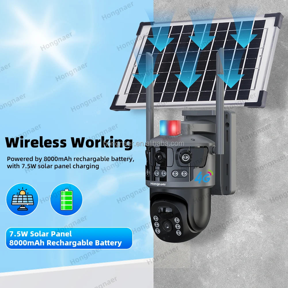 Hongnaer 3 Video 6MP Wireless 4G Solar Powered CCTV PTZ Camera V380 Pro Surveillance Dual Lens 4G Sim Card Solar Security Camera