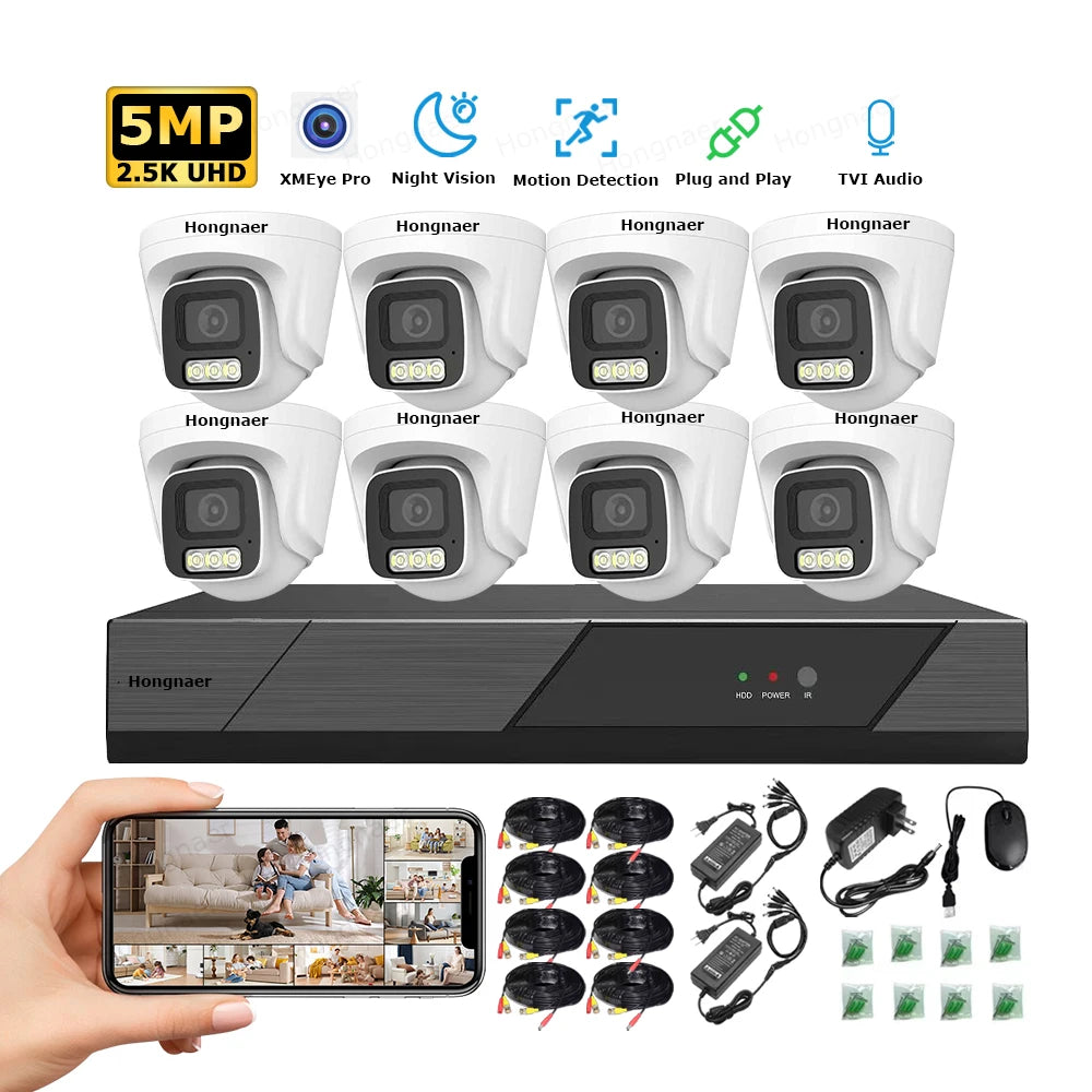 Hongnaer 5MP Indoor Dome AHD Home DVR 8 Channel Analog Security Camera Set Kit Video Surveillance System AHD CCTV Camera System