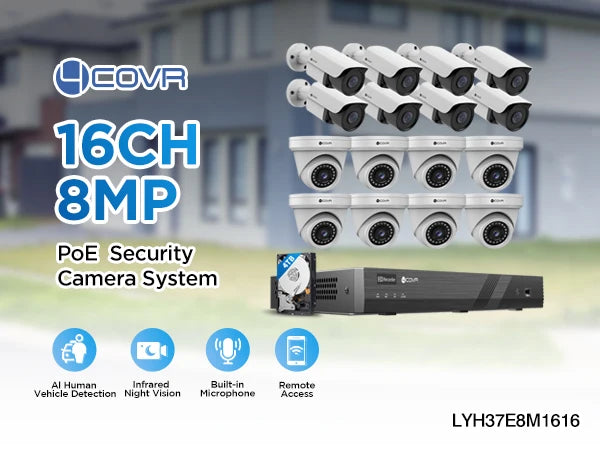 4K 16 Channel PoE Security Camera System 8 Dome/Bullet 8MP IP67 4TB HDD Night Vision Audio Business Surveillance System