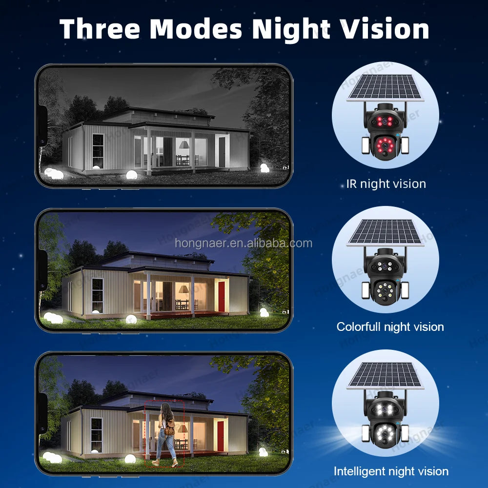Hongnaer 4MP 4G 3 Video Dual Lens Wireless Solar Energy Powered CCTV Camera Outdoor V380 Pro 4G Sim Card Solar Security Camera