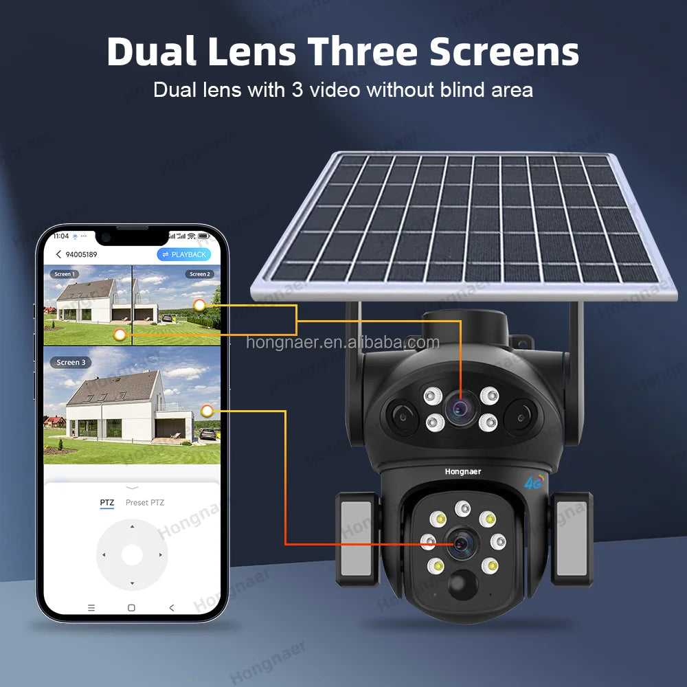 Hongnaer 4MP 4G 3 Video Dual Lens Wireless Solar Energy Powered CCTV Camera Outdoor V380 Pro 4G Sim Card Solar Security Camera