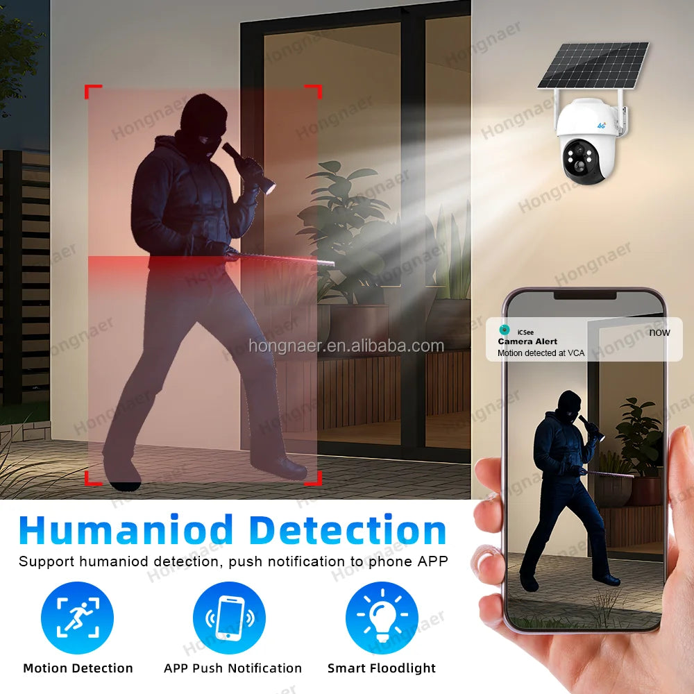 Hongnaer 4MP 2K North America Wireless Solar Power 4G Surveil IP PTZ Camera ICSee Outdoor CCTV 4G Sim Card Solar Security Camera