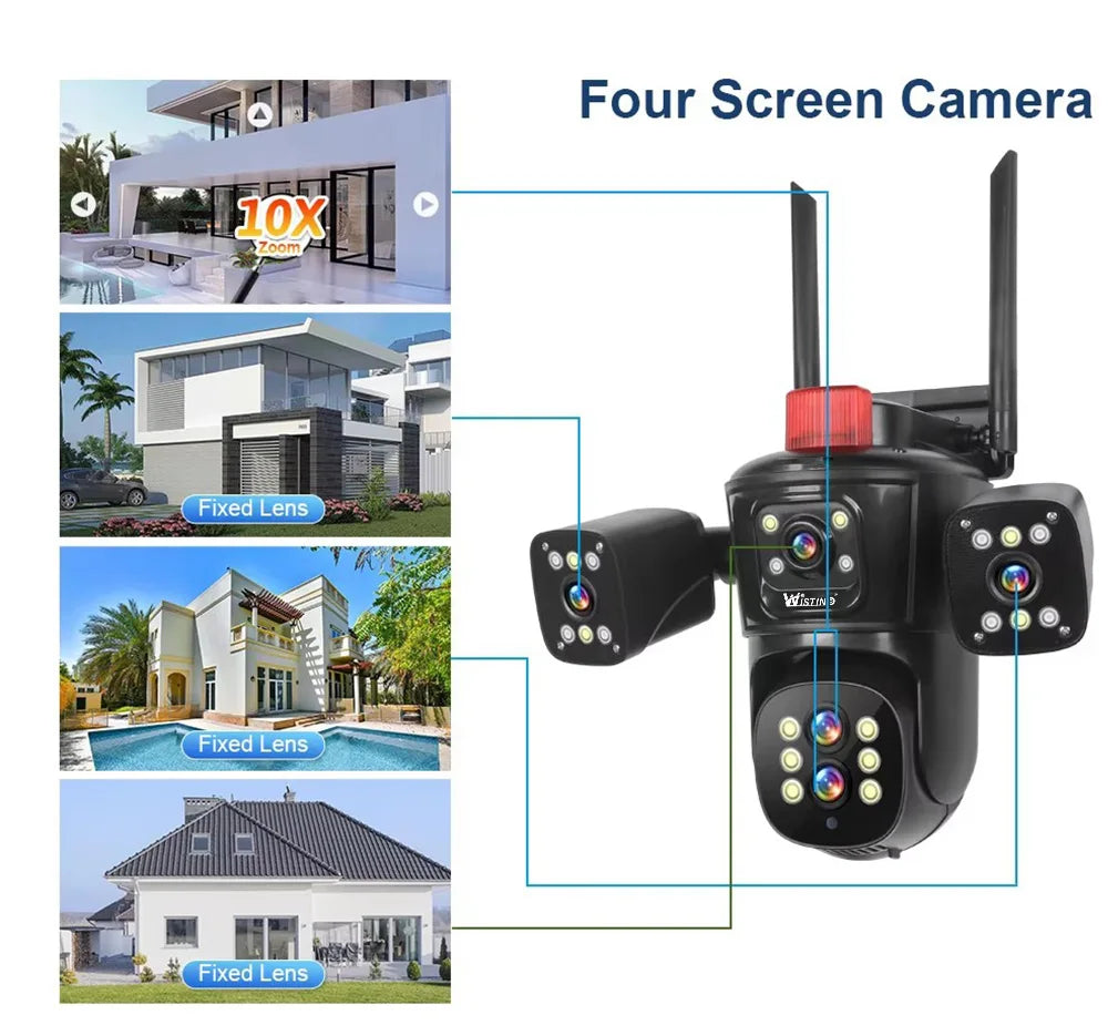 Wistino 5K 10X Digital Zoom Multi Lens Outdoor Wifi Security Camera Color Night Vision Red Alarm Home Security Camera