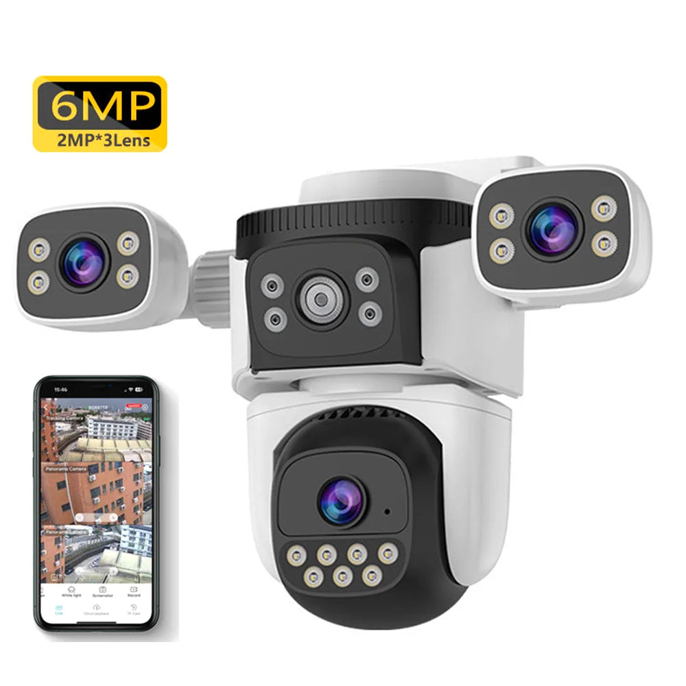 New Arrival 12MP Outdoor WiFi Security Camera 3 Lens 3 Screens Wireless WiFi Network IP66 Surveillance PTZ Night Vision SD Card