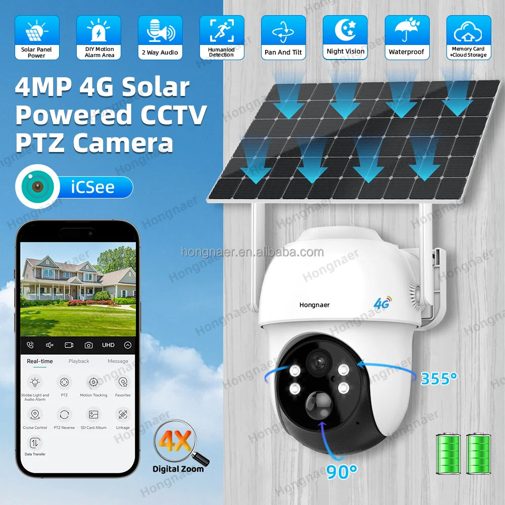Hongnaer 4MP 2K North America Wireless Solar Power 4G Surveil IP PTZ Camera ICSee Outdoor CCTV 4G Sim Card Solar Security Camera