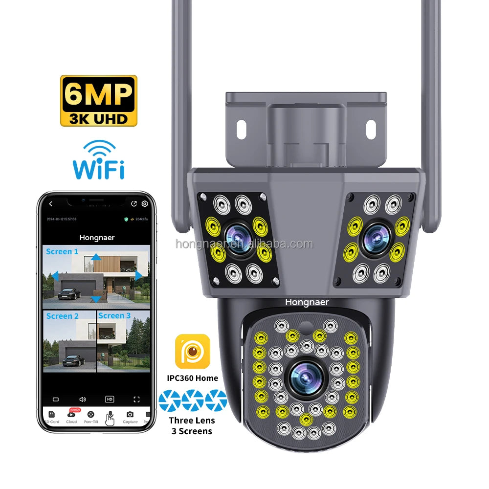 Hongnaer Outdoor 360 3 Screens Surveil Wireless PTZ IP Camera IPC360 Home 6MP 3K Three Lens WiFi CCTV Smart Security Camera