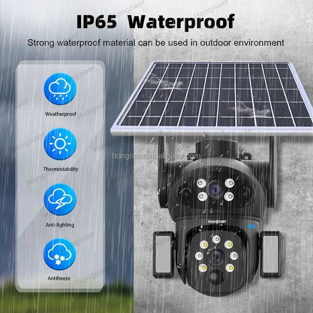 Hongnaer 4MP 4G 3 Video Dual Lens Wireless Solar Energy Powered CCTV Camera Outdoor V380 Pro 4G Sim Card Solar Security Camera