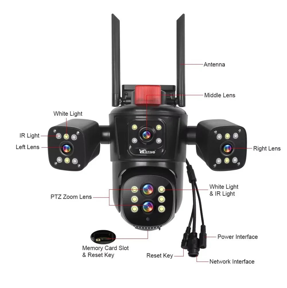 Wistino 5K 10X Digital Zoom Multi Lens Outdoor Wifi Security Camera Color Night Vision Red Alarm Home Security Camera