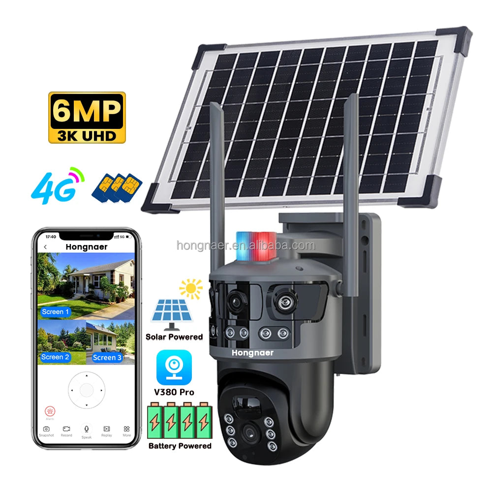 Hongnaer 3 Video 6MP Wireless 4G Solar Powered CCTV PTZ Camera V380 Pro Surveillance Dual Lens 4G Sim Card Solar Security Camera