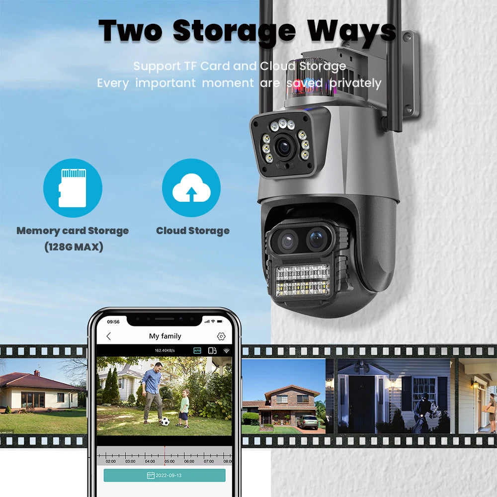 OEM ICSee Wireless WiFi CCTV PTZ IP Security Camera with 3 Lenses 2 Screens and 8X Hybrid Zoom for Home Outdoor Monitor