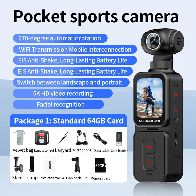 5K HD Pocket Gimbal Sports Camera Handheld Touch Screen 1.69" Outdoor Riding Anti-Shake Vlog TF Card 90/270 Rotation