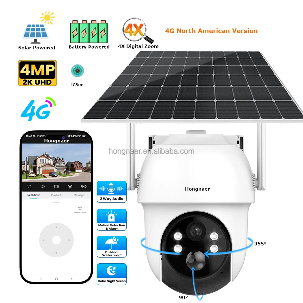 Hongnaer 4MP 2K North America Wireless Solar Power 4G Surveil IP PTZ Camera ICSee Outdoor CCTV 4G Sim Card Solar Security Camera