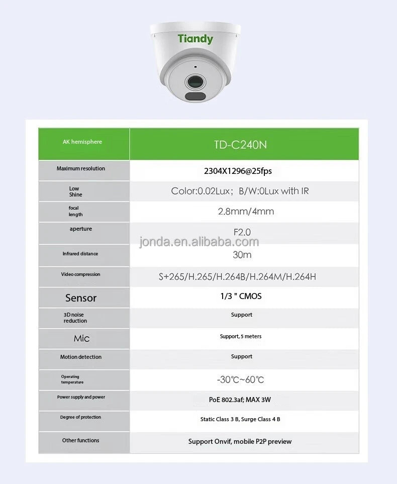 Tiandy TD-C240N POE Camera 265H 3mp Infrared Audio Hemisphere Outdoor Head Waterproof Security Camera 2.8mm/4mm Motion Detection