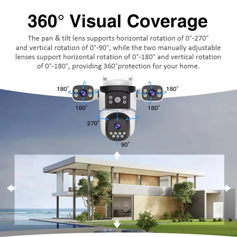 New Arrival 12MP Outdoor WiFi Security Camera 3 Lens 3 Screens Wireless WiFi Network IP66 Surveillance PTZ Night Vision SD Card