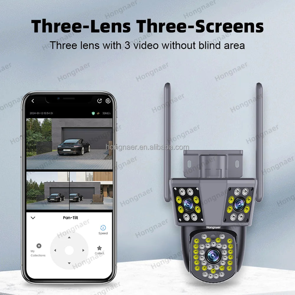 Hongnaer Outdoor 360 3 Screens Surveil Wireless PTZ IP Camera IPC360 Home 6MP 3K Three Lens WiFi CCTV Smart Security Camera