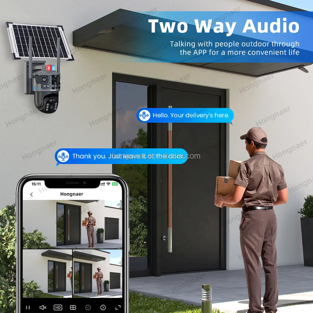 Hongnaer 3 Video 6MP Wireless 4G Solar Powered CCTV PTZ Camera V380 Pro Surveillance Dual Lens 4G Sim Card Solar Security Camera