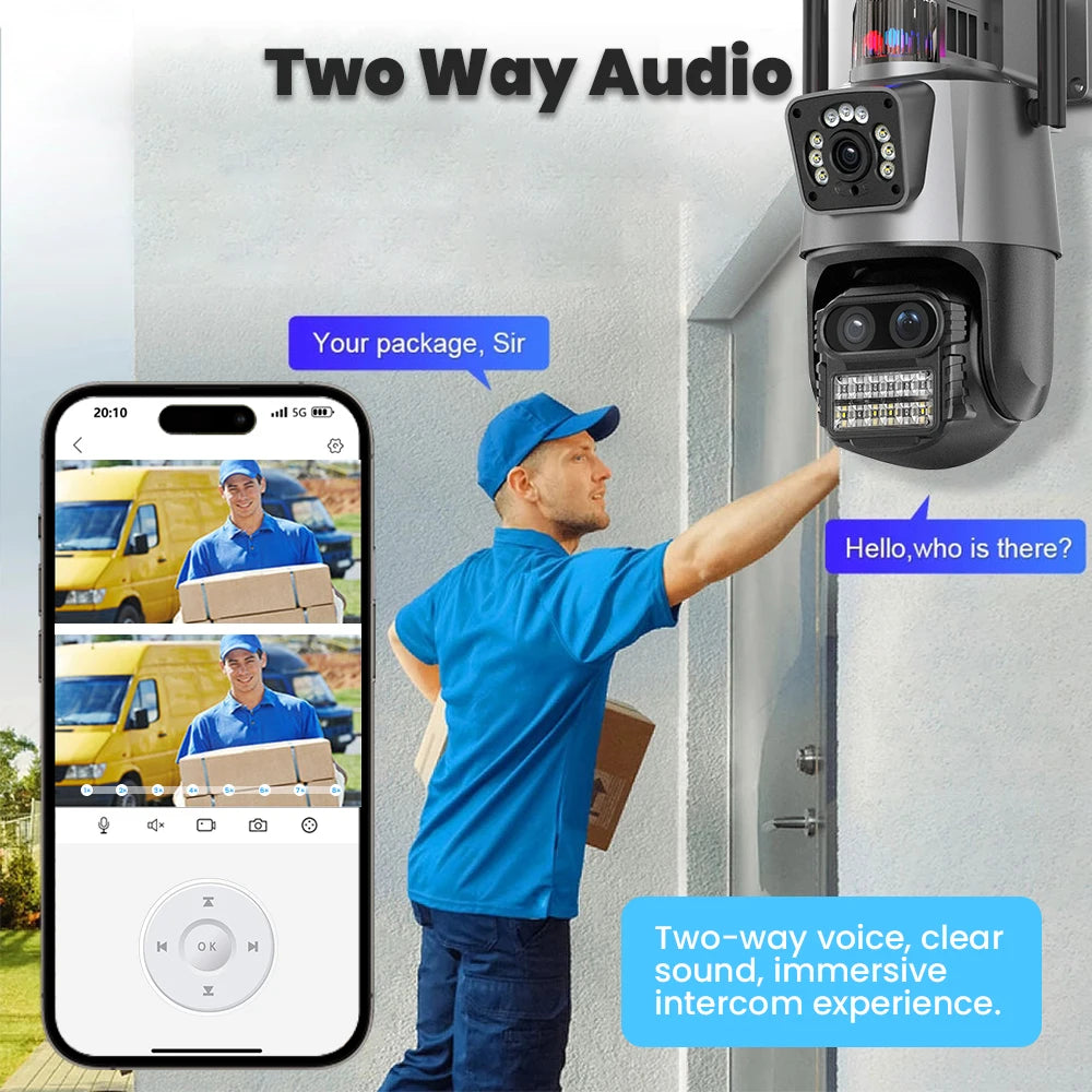 OEM ICSee Wireless WiFi CCTV PTZ IP Security Camera with 3 Lenses 2 Screens and 8X Hybrid Zoom for Home Outdoor Monitor