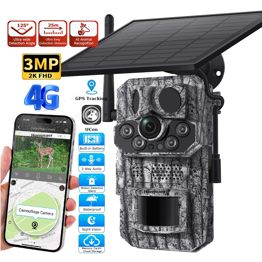 Hongnaer 3MP Camouflage Wireless Solar Powered Surveillance Security Camera UCon GPS Trail 4G Sim Card Solar CCTV Hunting Camera