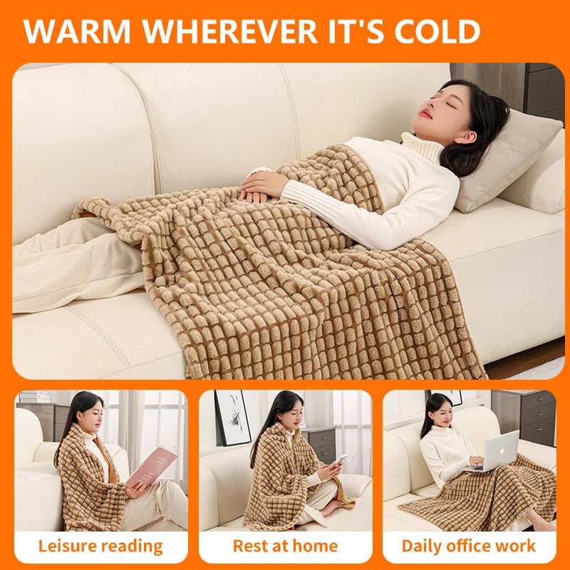 Plush USB Heated Blanket Shawl – 8-Zone Wearable Electric Throw for Home & Office