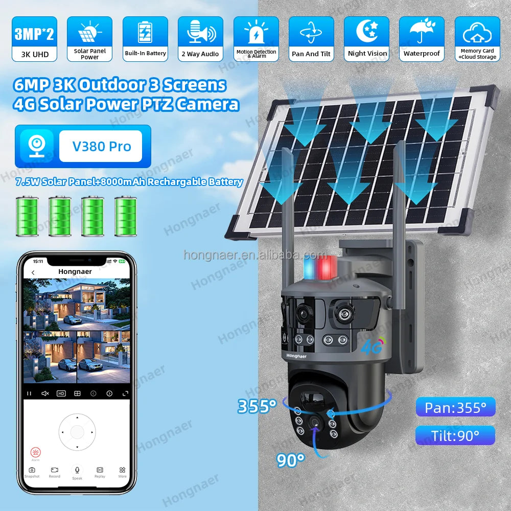 Hongnaer 3 Video 6MP Wireless 4G Solar Powered CCTV PTZ Camera V380 Pro Surveillance Dual Lens 4G Sim Card Solar Security Camera