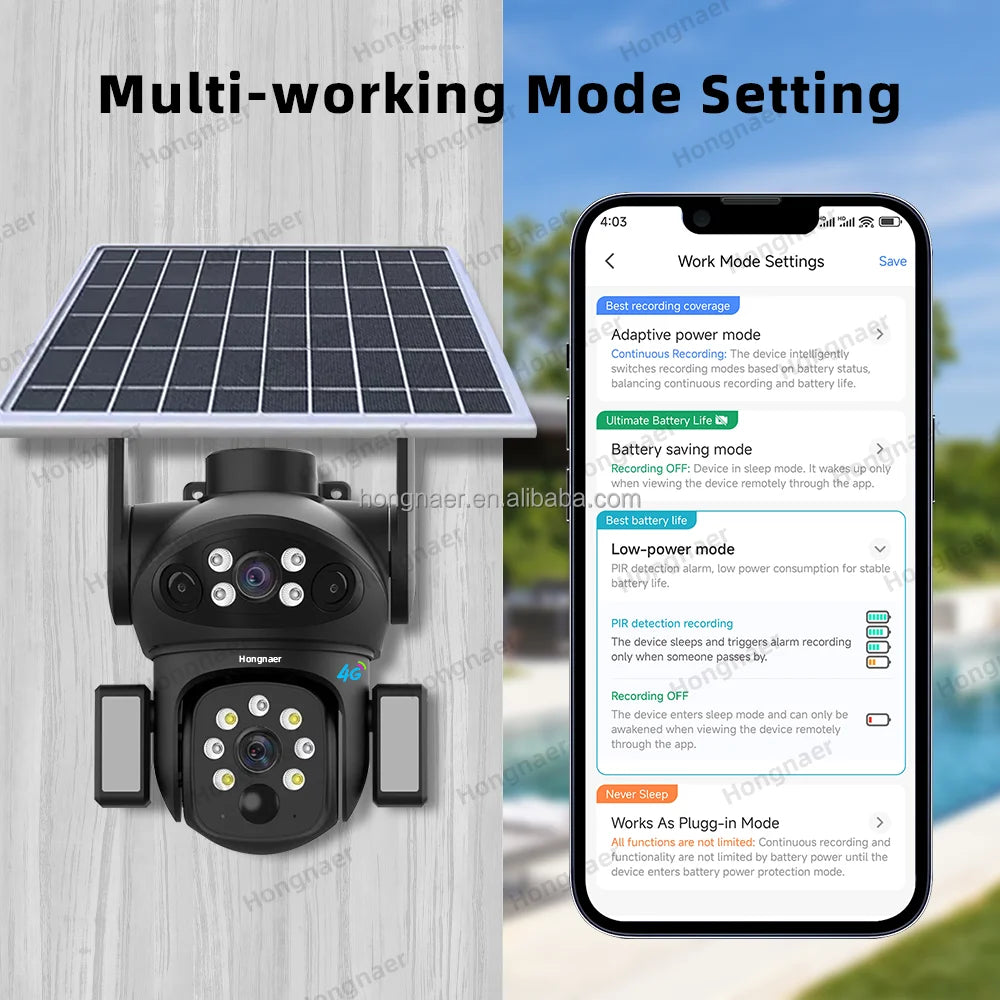 Hongnaer 4MP 4G 3 Video Dual Lens Wireless Solar Energy Powered CCTV Camera Outdoor V380 Pro 4G Sim Card Solar Security Camera