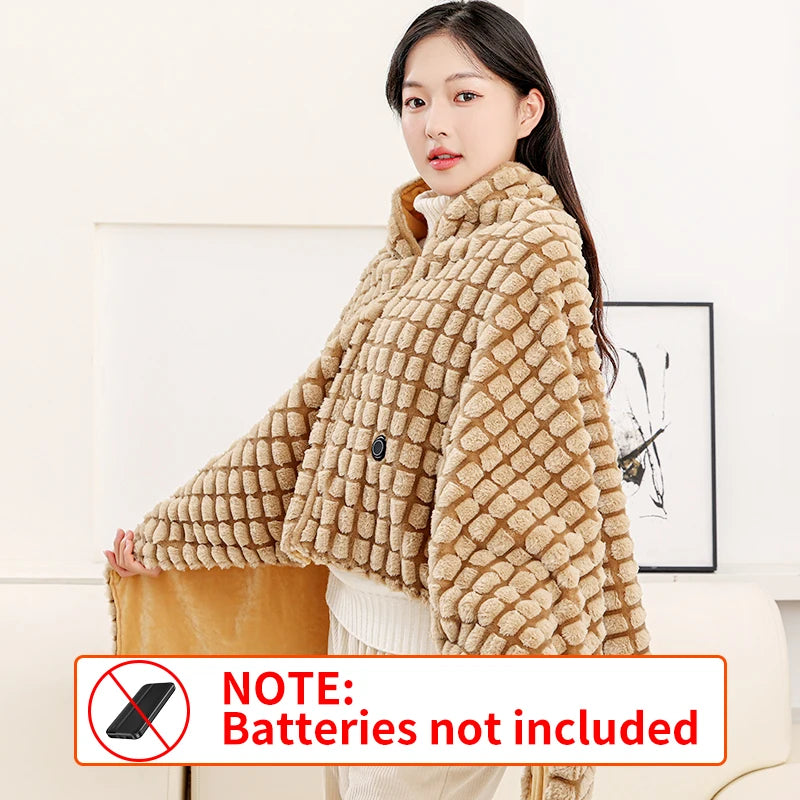 Plush USB Heated Blanket Shawl – 8-Zone Wearable Electric Throw for Home & Office