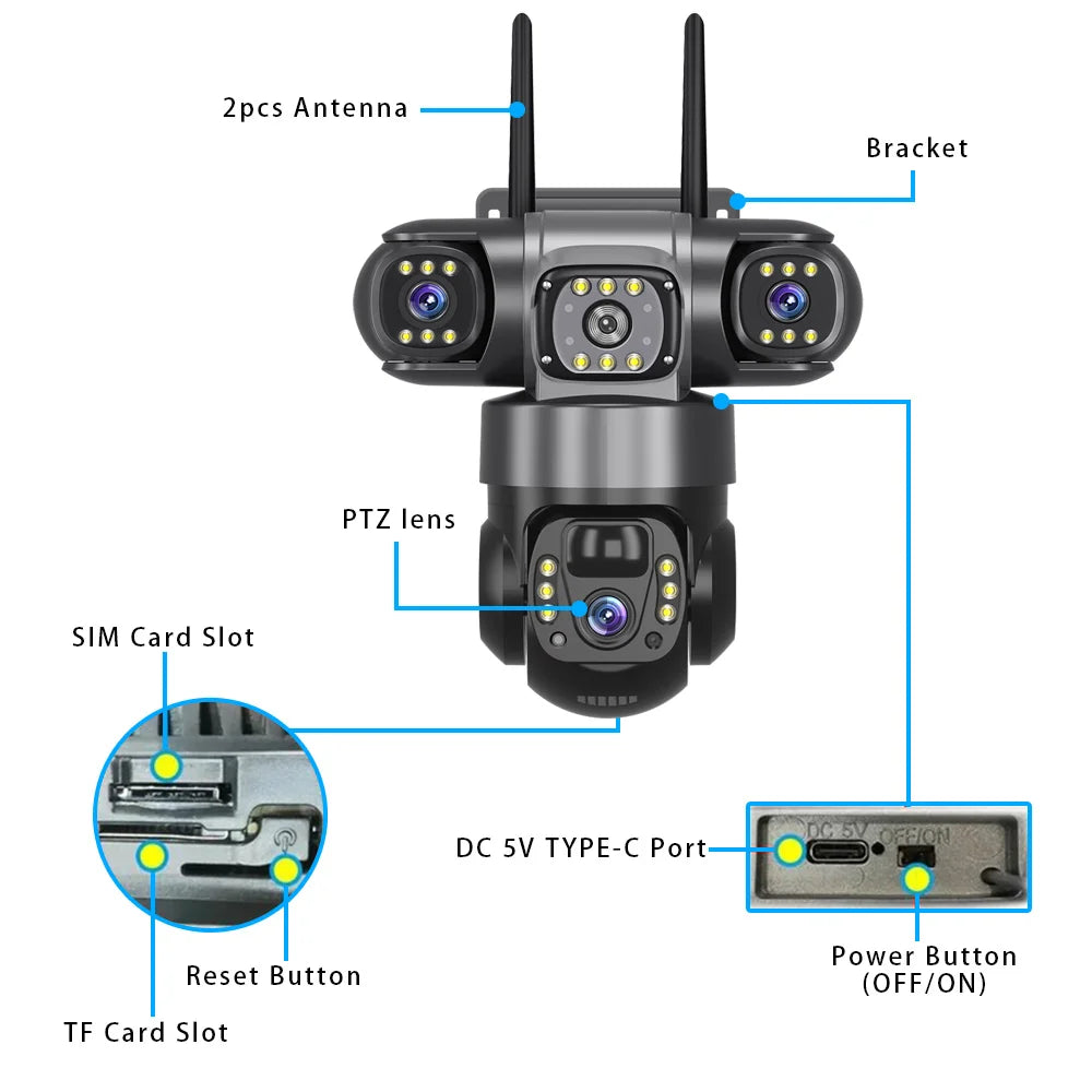 Surveillance Camera PTZ V380 Three Lens Outdoor  360 Wireless Wifi Auto Tracking 12mp 4g Sim Card Solar Security Camera