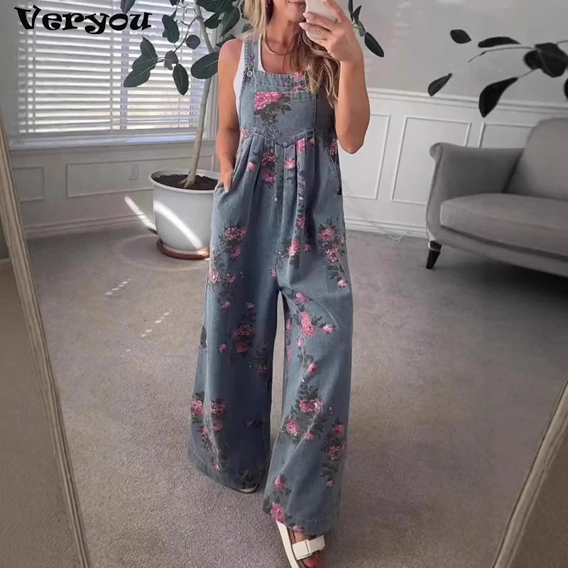 Summer Floral Printed Sleeveless Jumpsuit Women Casual Pocket Multicolor Overalls Square Wide Pants Jumpsuit Women Playsuits