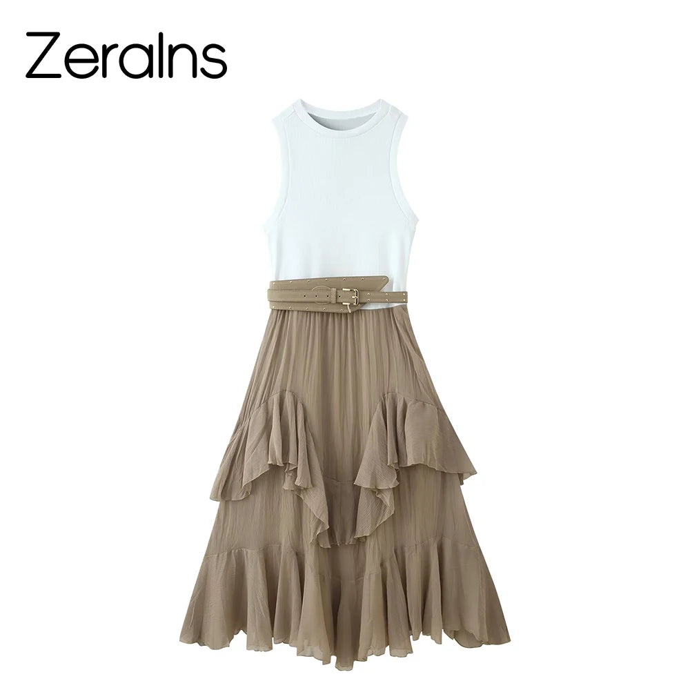 ZERAINS Women's Spring/Summer New Product Versatile Sleeveless Round Neck with Belt Stacked Splicing Tank Top Dress