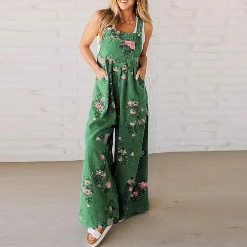 Summer Floral Printed Sleeveless Jumpsuit Women Casual Pocket Multicolor Overalls Square Wide Pants Jumpsuit Women Playsuits