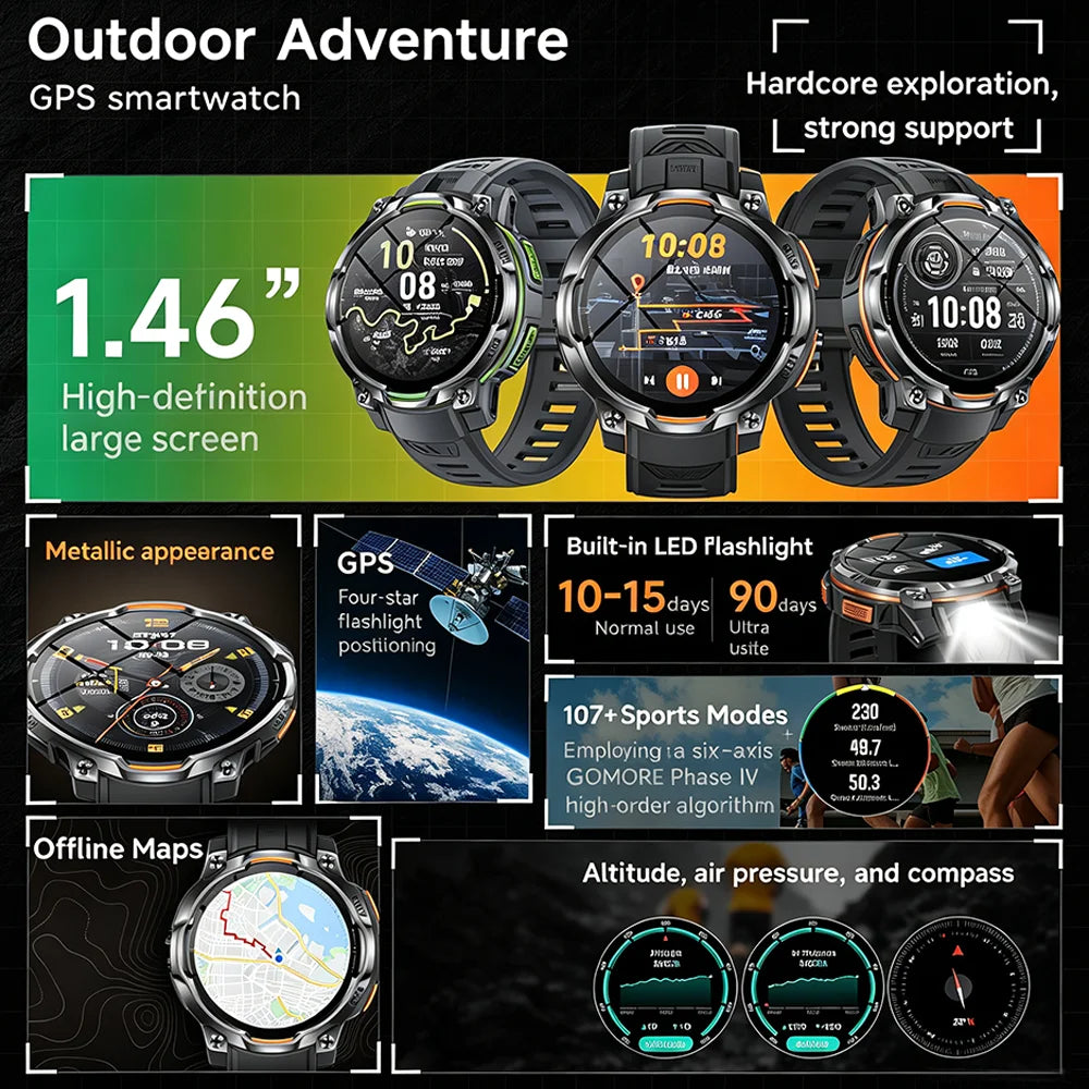 Outdoor GPS Smart Watch with Offline Maps, 1.46" AMOLED, Compass, Altimeter, IPX8