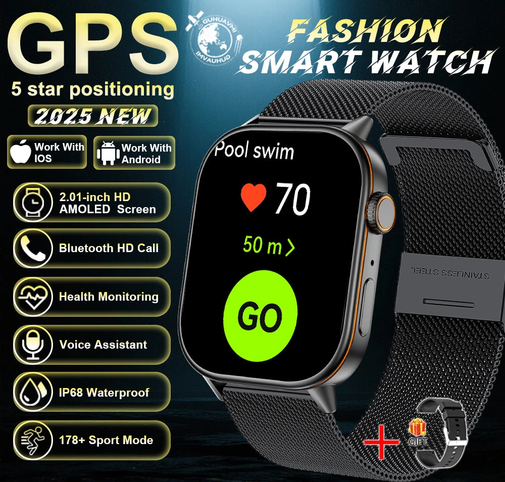 Outdoor GPS Smart Watch for Men, 2.01" AMOLED, Compass, 178+ Sports Modes