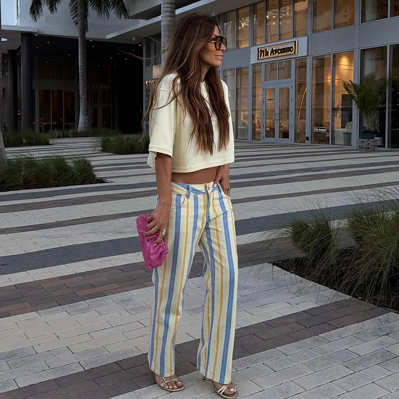Street Print Strip Women Slim Drawstring High Waist Button Pockets All-match Pants Female 2026 Fashion Summer Autumn Bottom Lady