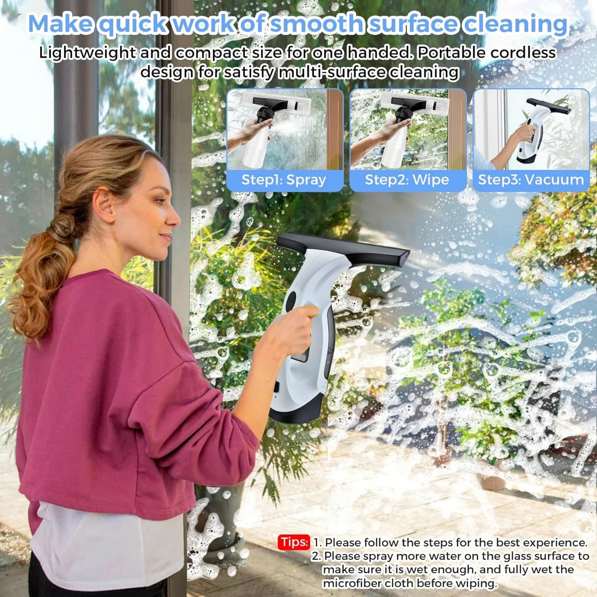 Cordless Window Vacuum Cleaner – 3-in-1 Spray, Clean & Suck Window Cleaner