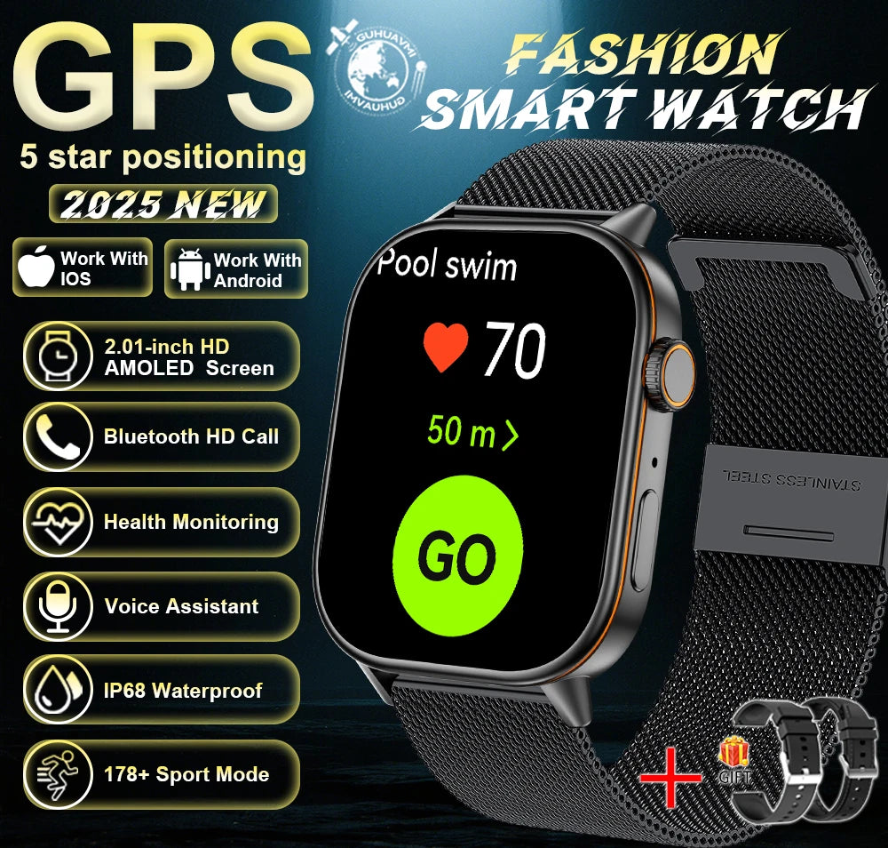 Outdoor GPS Smart Watch for Men, 2.01" AMOLED, Compass, 178+ Sports Modes