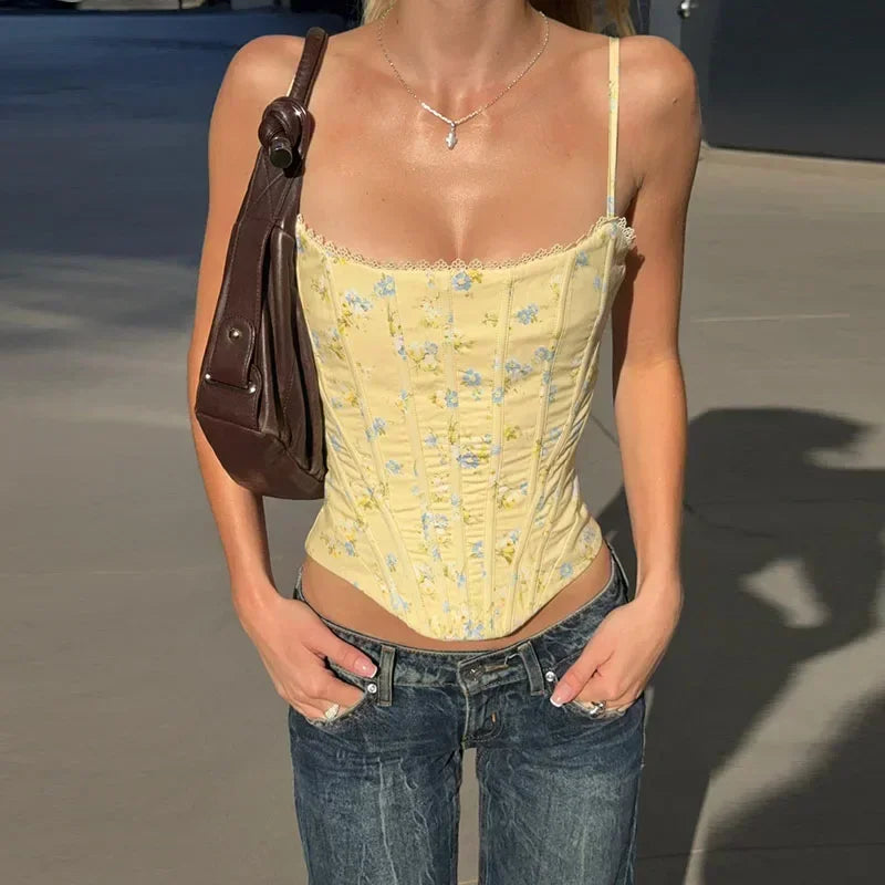 Sexy Printed Fish-bone Corset Women's Slim Back Sleeveless Lace-up Waist-cinching Tank Tops 2026 New Ladies Summer Party Outwear