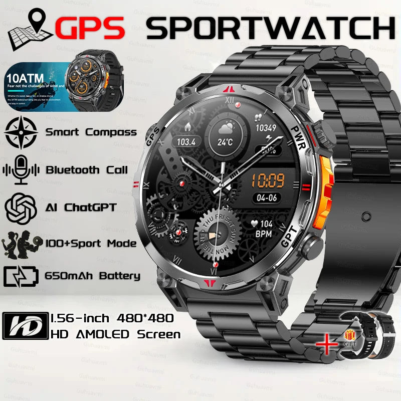 Outdoor GPS Sports Smart Watch for Men, 1.56" AMOLED, Compass, 10ATM Water Resistant