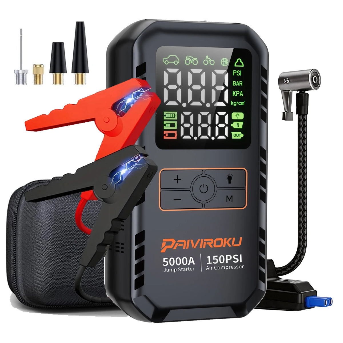 4-in-1 Car Jump Starter with Air Compressor – 5000A Peak, 150PSI, Power Bank