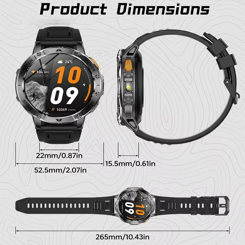 Rugged Smart Watch with 1400mAh Battery, 1.7" Display, IPX8, LED Flashlight, SOS