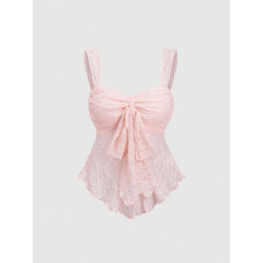 French solid color lace jacquard camisole vest with bow decoration, waist cinching short top, gentle and pure style vest
