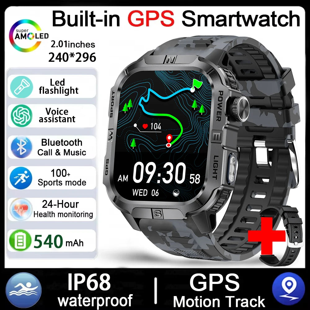 Rugged Outdoor Smart Watch for Men, 2.01" Display, GPS, Compass, LED Flashlight, IP68