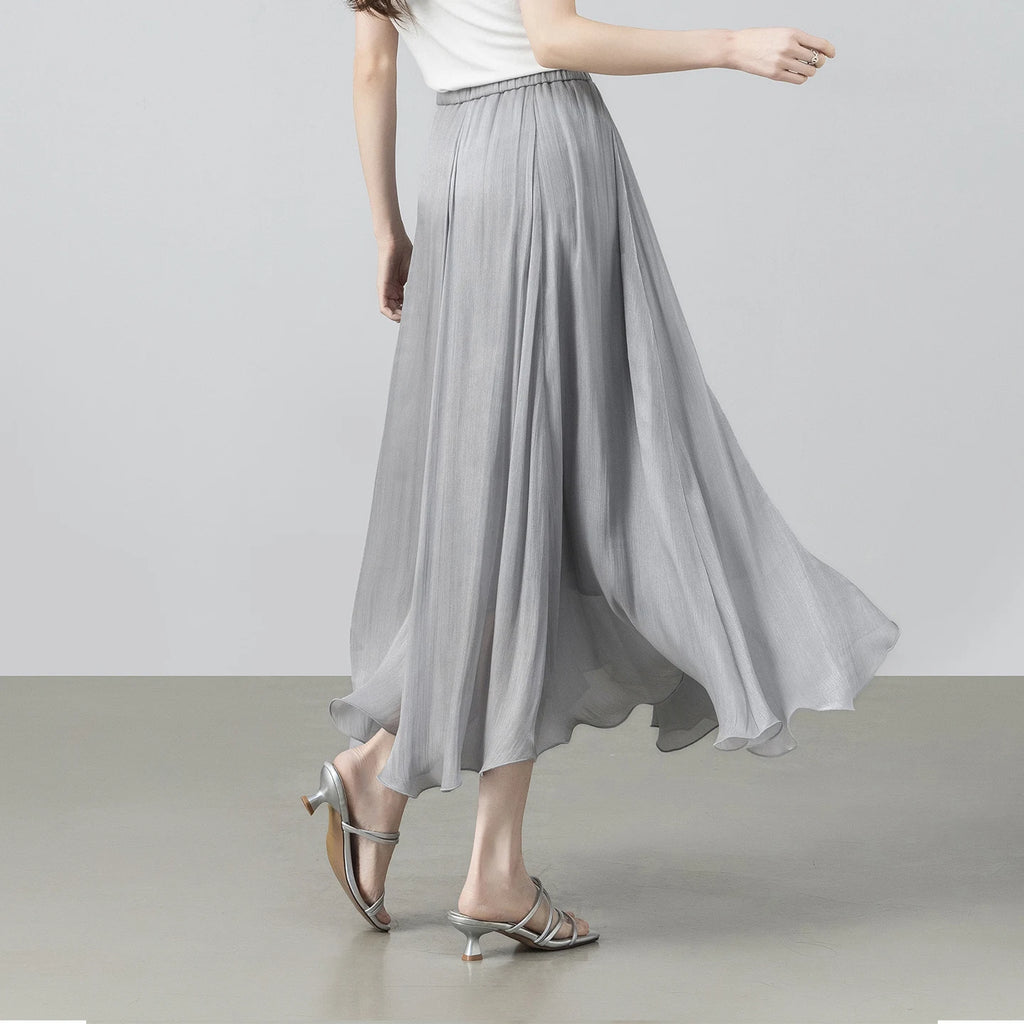 SENTUBILA Women's Summer Skirt 2026 Elegant Elastic Waist Sheen Flowy A Line Long Skirt for Woman Ladies Clothes 162QG4909